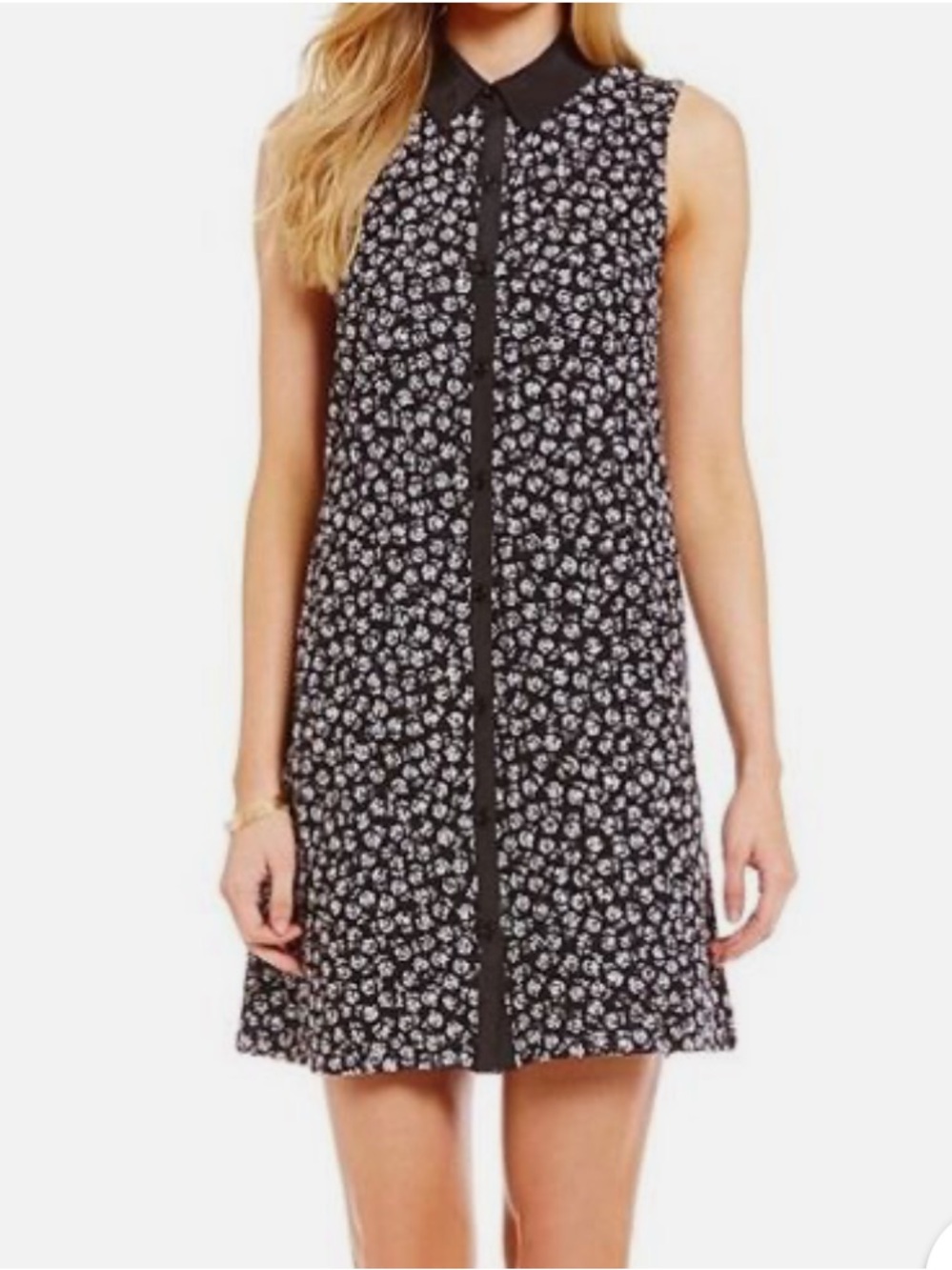 Betsey Johnson Black with White Floral Sleeveless Button Down Trapeze Dress 6